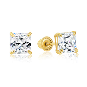 14K Yellow Gold Square Zirconia Stud Earrings, Screwback