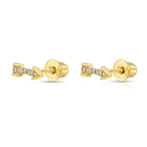 14K Solid Yellow Gold Tiny CZ Arrow Studs, with Screw on Screwbacks