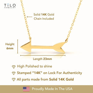 Elegant 14K Solid Yellow Gold Adjustable Arrow Pendant Necklace - Perfect 16"-18" Length.