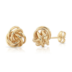 14K Gold Love Knot Stud Earrings with Hand Engraved Diamond Cuts, 9Mm, Pushback Studs