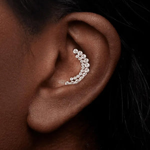 14K Solid Gold Invisible Set Diamond Apsara Curve Threaded Stud Earring/Ball-End Earring with Double Row CZ Cartilage, Helix, Conch Piercing