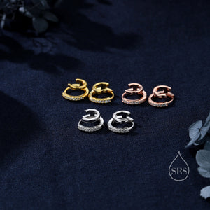 Single Piercing Double Hoop Effect Earrings in Sterling Silver, CZ Pave Hoop Earrings, Silver, Gold, Rose Gold, Dainty and Delicate