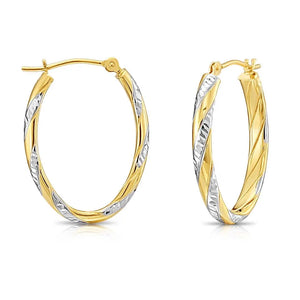 10K Gold Two-Tone Twisted Oval Hoop Earrings, Hand Engraved Diamond-Cuts, 1 Inch (25Mm) Hoops, Made by TILO Jewelry