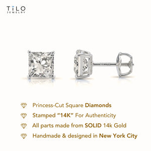 14K White Gold Lab Diamond Princess-Cut Stud Earrings, Screwback