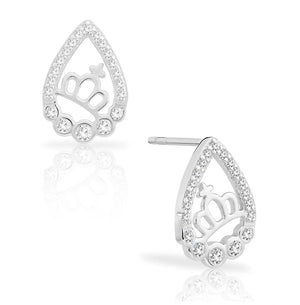 Sparkling CZ Princess Crown Teardrop Stud Earrings in Sterling Silver.