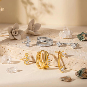 Chic 18K Gold Filled 3-Piece Earring Set - Double Layer Huggie Hoops, Crawl Studs & Front Back Solitaires for a Minimalist Look.