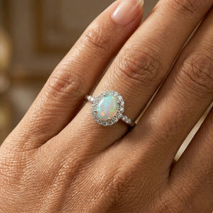 Sterling Silver Fire Opal Oval Ring, with CZ Halo