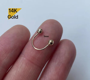 14K Solid Gold Light Weight Ball3Mm 4Mm Curved U Shaped Stud End Barbell Piercing, 21G