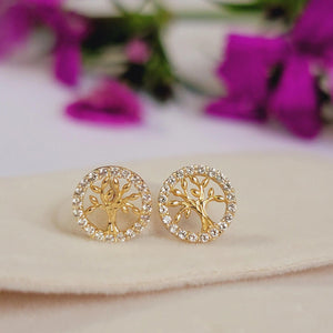 14K Gold Diamond Tree of Life Earrings – Elegant and Meaningful Studs for Everyday Luxury and Special Occasions.