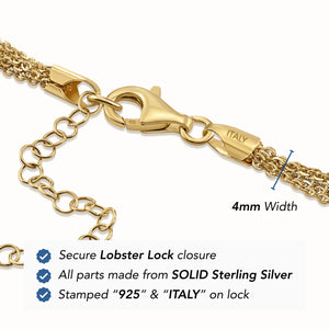 925 Sterling Silver Gold Plated Italian Multi-Row Cable Chain Bracelet, Adjustable 7"-8"