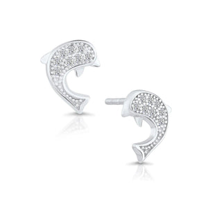 Sparkling CZ Dolphin Stud Earrings in Premium Sterling Silver.