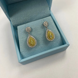 1.62Ct Fancy Yellow Pear Diamond Drop Earrings, 14K White Gold