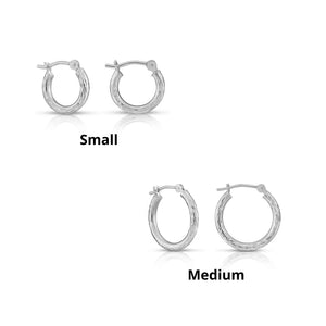 14K White Gold Classy Diamond-Cut Hoop Earrings, Hand Engraved Special Quality Hoops, Made in the USA, by TILO Jewelry