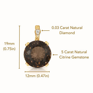 Elegant 14K Yellow Gold Smoky Quartz and Diamond Pendant Necklace.