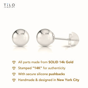14K White Gold Ball Stud Earrings with Silicone Gold Pushbacks