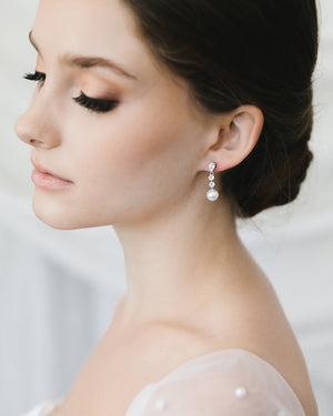 CZ Pearl Wedding Earrings • Pearl Bridal Earrings • Pearl Drop Earrings • Wedding Earrings • Pearl Dangle Earrings • Bridal Earrings • 4443