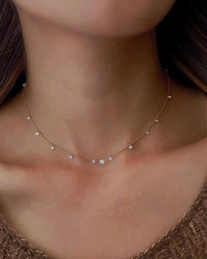 18K Solid Gold Diamond Station Necklace, Dainty Dangling Diamond Necklace, Minimal Drop Necklace, Everyday Wear Fine Jewelry Gift for Women.