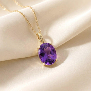 Elegant 14K Yellow Gold Oval Purple Amethyst Pendant Necklace.