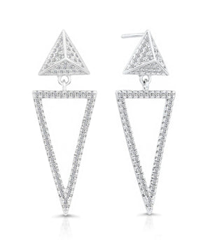 Elegant CZ Double Triangle Dangle Studs in Sterling Silver.