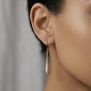Teardrop Earrings— 14K Yellow Gold Diamond Cut, 1-3/4 Inch Leverback Drop Dangles