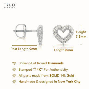 Elegant 14K White Gold Heart Lab Diamond Studs - 0.25 Carat, Secure Screwback Design.