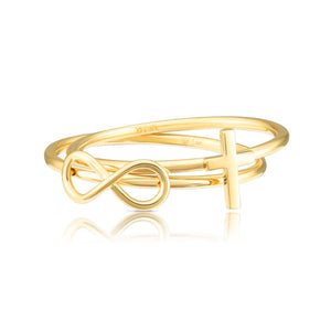 14K Gold Infinity Cross Ring, Stackable Religious Ring 2 Piece Set