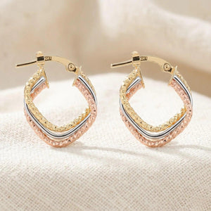 Stunning 10K Tri-Color Diamond-Cut Twist Italian Style Hoop Earrings.