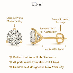 14K Yellow Gold Brilliant-Cut Lab Diamond Studs, Classic Martini 3-Prong Setting, Screwback