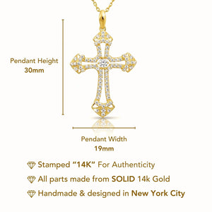Stunning 14K Solid Yellow Gold CZ Cross Pendant Necklace with 18" Cable Chain.