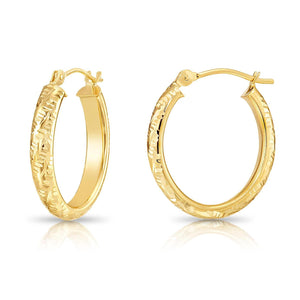 Stunning 14K Solid Gold Oval Hand-Engraved Tornado Pattern Diamond Cut Hoop Earrings.