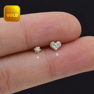 Dainty 14K Solid Gold Tiny Heart & Flower Flat Back Stud Earrings for Cartilage, Conch, Helix & Tragus.