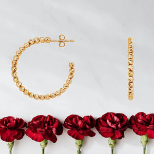 Elegant 14K Italian Gold Dainty Hoop Earrings with Beads.