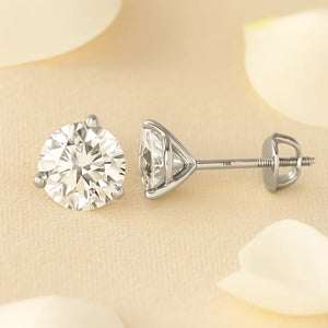 14K White Gold Brilliant-Cut Lab Diamond Studs, Classic Martini 3-Prong Setting, Screwback