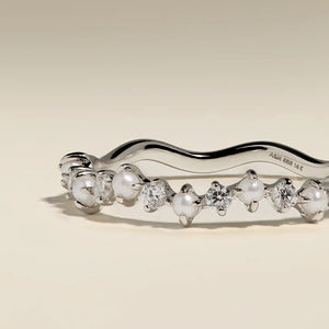 Diamond & Pearl Scalloped Ring in Solid White Gold