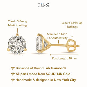 14K Yellow Gold Lab Diamond Stud Earrings, CVD Brilliant-Cut Diamond Studs, Martini 3-Prong Set Studs, with Secure Screwbacks, by TILO