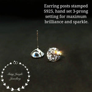 Diamond Stud Earrings, 0.5, 1 & 2 Carat Man Made Diamond Simulant Studs, 14K White Gold Plated Silver 3 Prong Set, Mothers Day Gift with Box