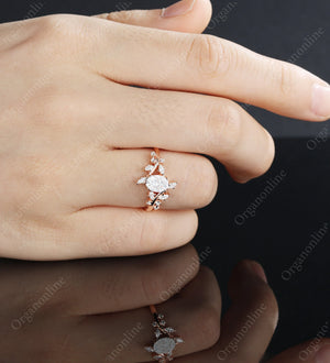 Oval Moissanite Engagement Ring Vintage Unique Marquise Cut Diamond Cluster Ring Rose Gold Engagement Ring Leaf Ring Bridal Ring Anniversary