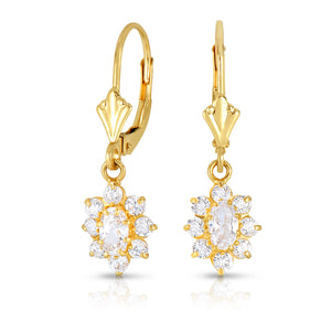 14K Yellow Gold Flower Dangle Earrings with Leverbacks, Diamond April Birthstone, 1 Inch Tall, Fancy Drop Earrings, by TILO Jewelry