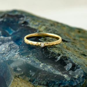 2 Mm Hammered Textured Ring, Single Diamond Ring, 14K / 18K Yellow Gold, Stack Diamond Band, Tiny Diamond Ring, Wedding Band, Promise Ring