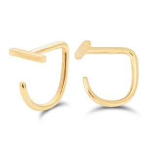 14K Solid Gold Bar Claw Huggie Earrings - Elegant Dainty Gold Hoops.