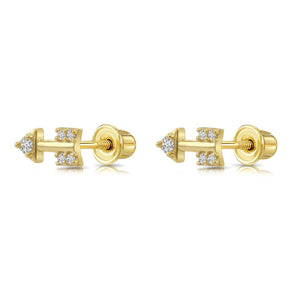 14K Solid Yellow Gold Tiny CZ Arrow Stud Earrings with Secure Screwback Closure.