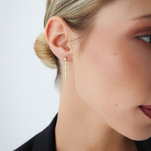 Gold Linear Bar Triple Diamond Drop Earrings, 14K Gold Bar Earrings, 0.28 Ctw Diamond Station Dangle Earrings, Trendy Earring Gift for Her