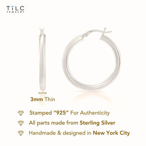Classic 925 Sterling Silver Chunky Polished Hoop Earrings - 3mm Thin Shiny Elegance.
