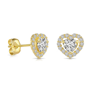 14K Yellow Gold Heart Halo CZ Stud Earrings