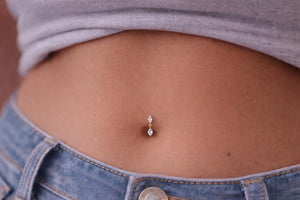 Diamond Dangle Belly Ring • 16G 14G Dainty Belly Button Ring • Small Gold Navel Ring • Silver Banana Bar • Sparkly Rose Gold Drop Belly Ring