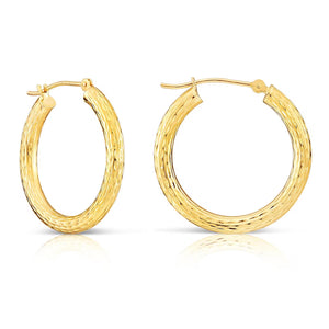 14K Yellow Gold Hand Engraved round Hoop Earrings, Full Diamond-Cut Hoops, Bold & Classy 3Mm, Designed in New York City, by TILO Jewelry