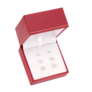 Elegant Set of 3! Solid 14K Gold Square Stud Earrings with Princess Cut Cubic Zirconia - Yellow & White Gold Screw-Backs.