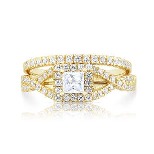925 Sterling Silver Engagement Ring Set, 2 Carat Total, Princess Square-Cut Cubic Zirconia Ring with Halo Setting, Two Tier Stackable Ring