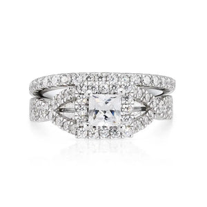 925 Sterling Silver Engagement Ring Set, 2 Carat Total, Princess Square-Cut Cubic Zirconia Ring with Halo Setting, Two Tier Stackable Ring