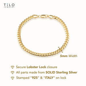 925 Sterling Silver Gold Plated Miami Cuban Link Bracelet, 5Mm Thick